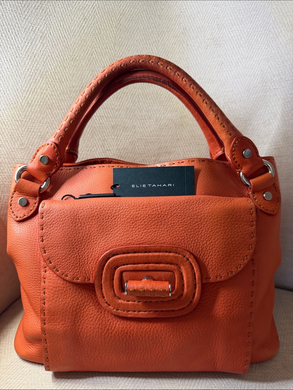 Elie Tahari Vintage Orange Pebbled Leather Satchel with Front Buckle Detail